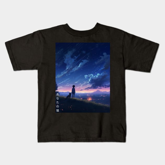 Your Name Anime Inspired Design Cat With Night Sky and Landscape Drawing Makoto Shinkai Kids T-Shirt by New Otaku 64